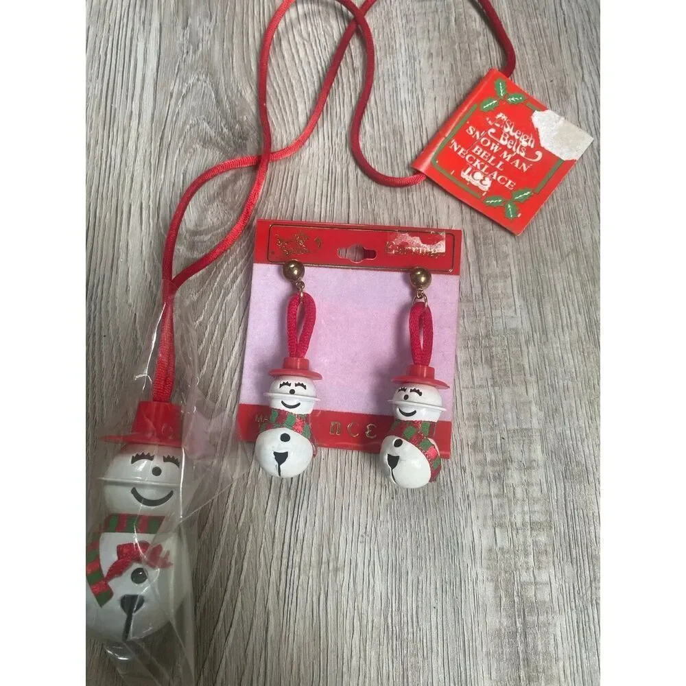 Vintage Snowman jingle bell necklace and earrings